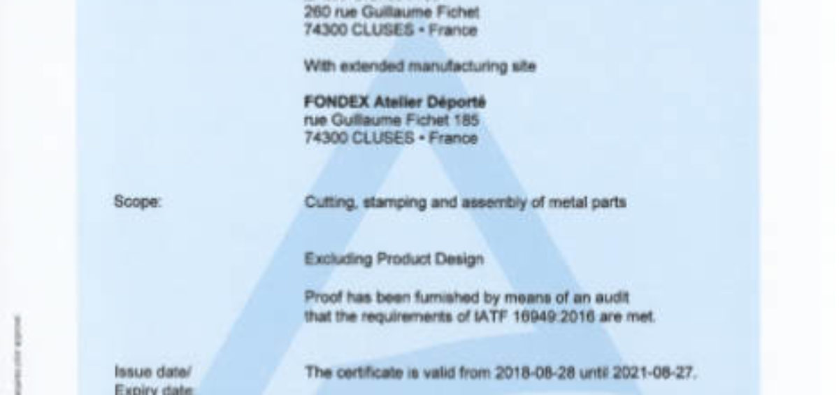 certificate cutting stamping assembly metal parts IATF 2018